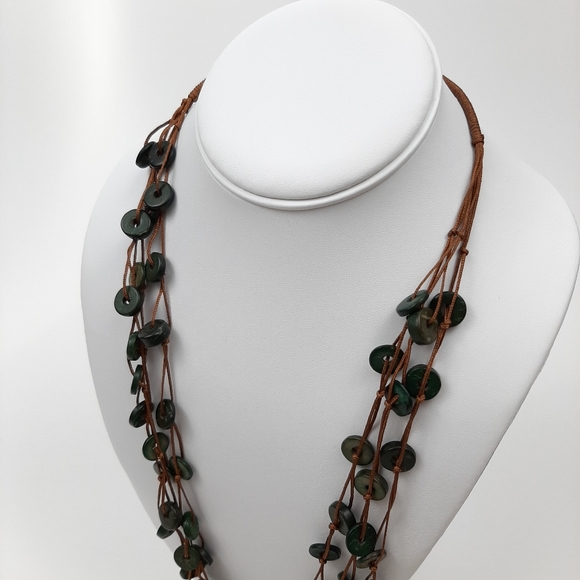 Cord and Stone Statement Necklace Brown and Green - Picture 5 of 9
